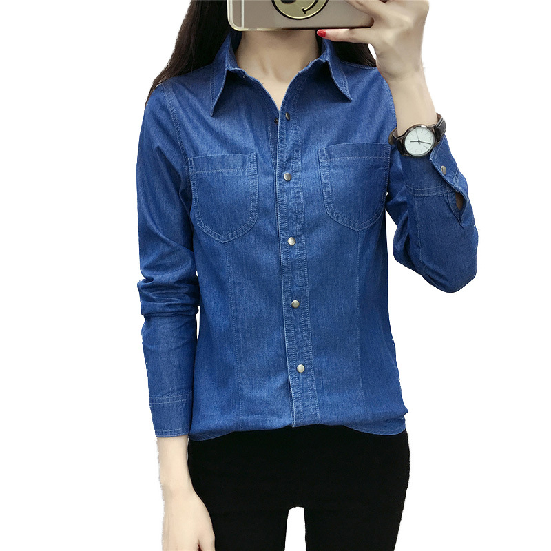 Dámska džínsová košeľa s dlhým rukávom na jar a jeseň, nová kórejská tenká bunda, univerzálna džínsová košeľa s dlhým rukávom, obchodné oblečenie