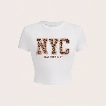 Letné európske a americké cezhraničné y2K leopardové potlačené písmenové potlače slim fit krátke sexy tričko