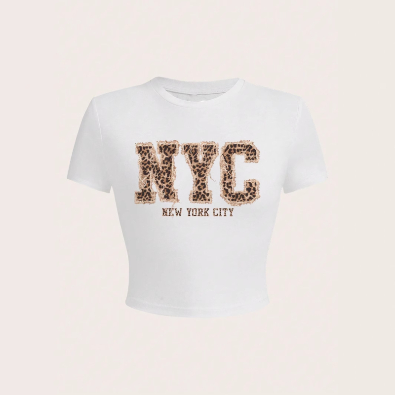 Letné európske a americké cezhraničné y2K leopardové potlačené písmenové potlače slim fit krátke sexy tričko