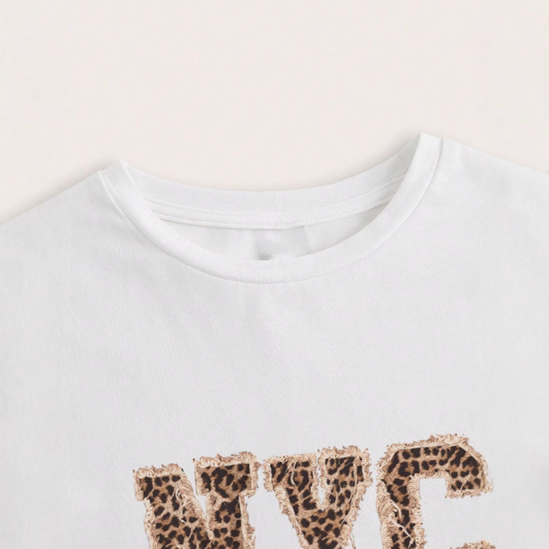 Letné európske a americké cezhraničné y2K leopardové potlačené písmenové potlače slim fit krátke sexy tričko