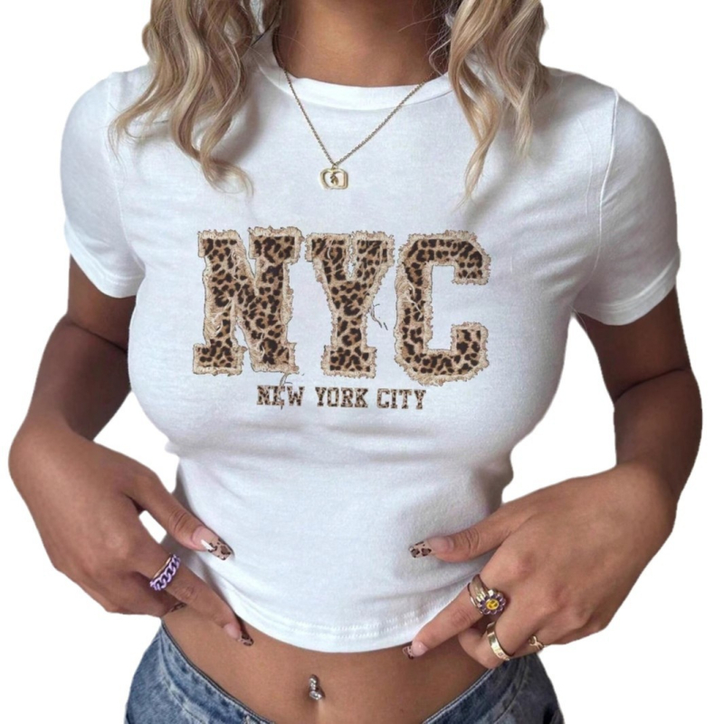 Letné európske a americké cezhraničné y2K leopardové potlačené písmenové potlače slim fit krátke sexy tričko