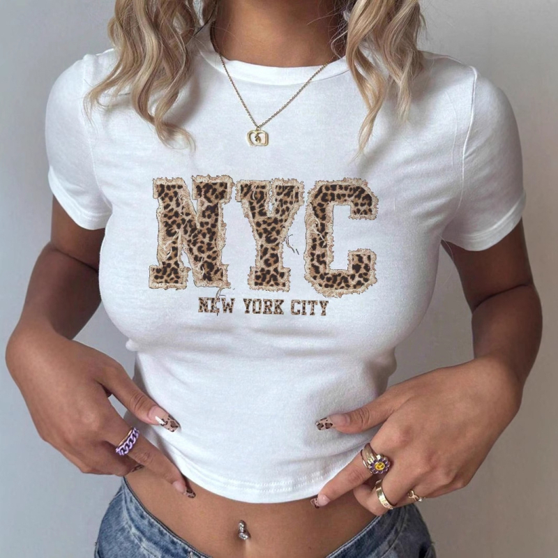 Letné európske a americké cezhraničné y2K leopardové potlačené písmenové potlače slim fit krátke sexy tričko