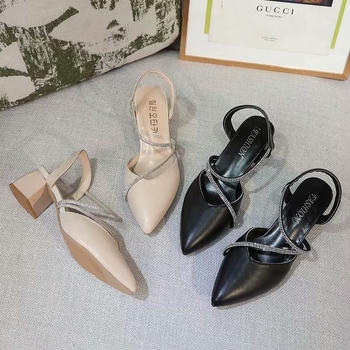 Γυναικεία Σανδάλια Fairy Style 2021 Καλοκαιρινά Γυναικεία Παπούτσια με Χοντρό Τακούνι και Μυτερή Μύτη, Ψηλοτάκουνα Κορεάτικου Στυλ