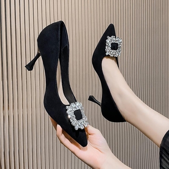 Dámske vysoké podpätky s francúzskym špicatým kamienkom, jar 2024, nové, vo veľkých veľkostiach, univerzálne čierne, profesionálne, jednovrstvové