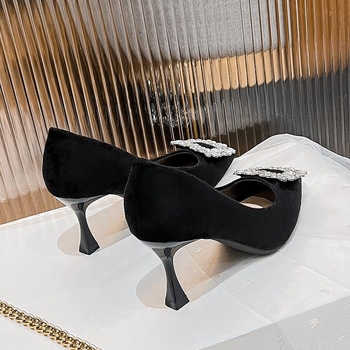 Γαλλικά ψηλοτάκουνα πέδιλα με μυτερό στρας για γυναίκες Άνοιξη 2024 Νέα μαύρα επαγγελματικά παπούτσια μονής στρώσης με τακούνι στιλέτο για μεγάλα μεγέθη, ευέλικτα, για γυναίκες