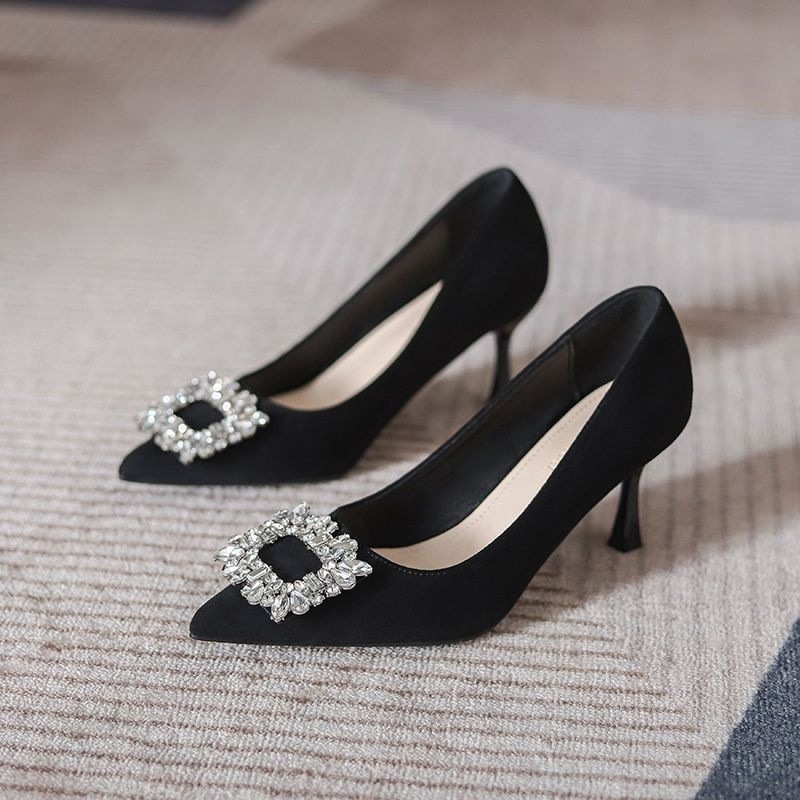 Dámske vysoké podpätky s francúzskym špicatým kamienkom, jar 2024, nové, vo veľkých veľkostiach, univerzálne čierne, profesionálne, jednovrstvové