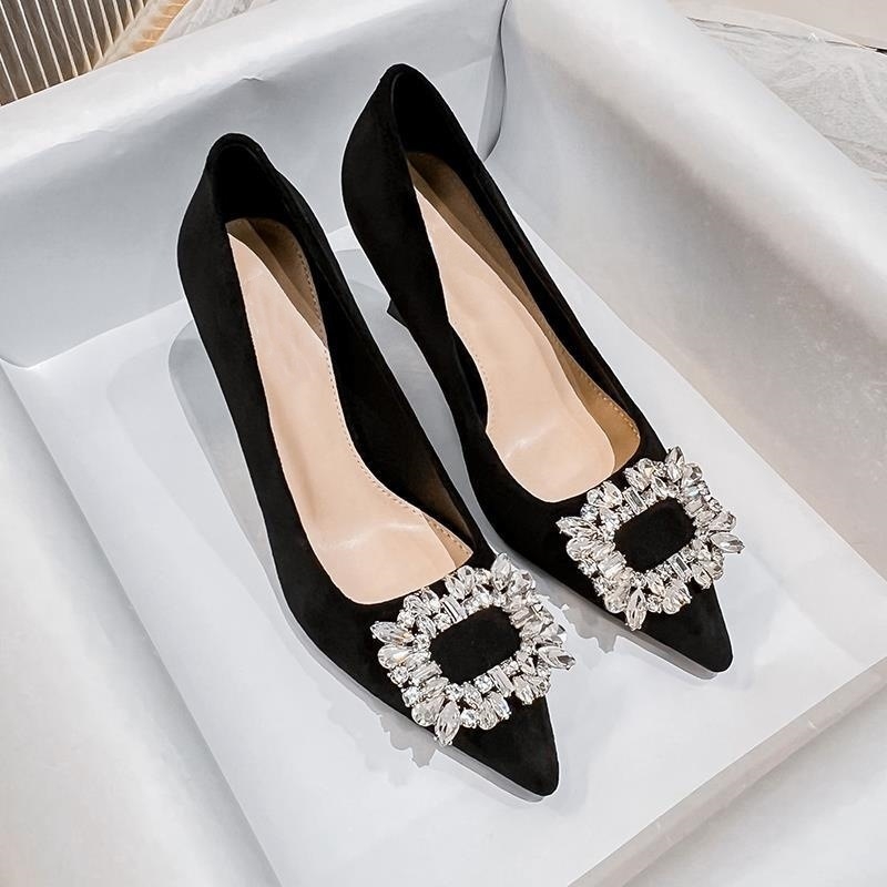 Dámske vysoké podpätky s francúzskym špicatým kamienkom, jar 2024, nové, vo veľkých veľkostiach, univerzálne čierne, profesionálne, jednovrstvové