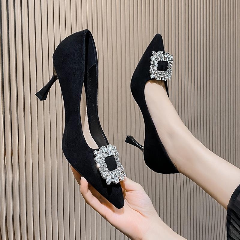 Dámske vysoké podpätky s francúzskym špicatým kamienkom, jar 2024, nové, vo veľkých veľkostiach, univerzálne čierne, profesionálne, jednovrstvové