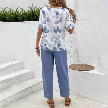 Διασυνοριακό Νέο Γυναικείο Casual Κοστούμι Μόδας Ρετρό Τυπωμένο Κοντό Μανίκι Μπλούζα Μονόχρωμο Χαλαρό Ίσιο Παντελόνι για Παιδιά