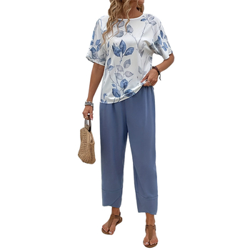 Διασυνοριακό Νέο Γυναικείο Casual Κοστούμι Μόδας Ρετρό Τυπωμένο Κοντό Μανίκι Μπλούζα Μονόχρωμο Χαλαρό Ίσιο Παντελόνι για Παιδιά