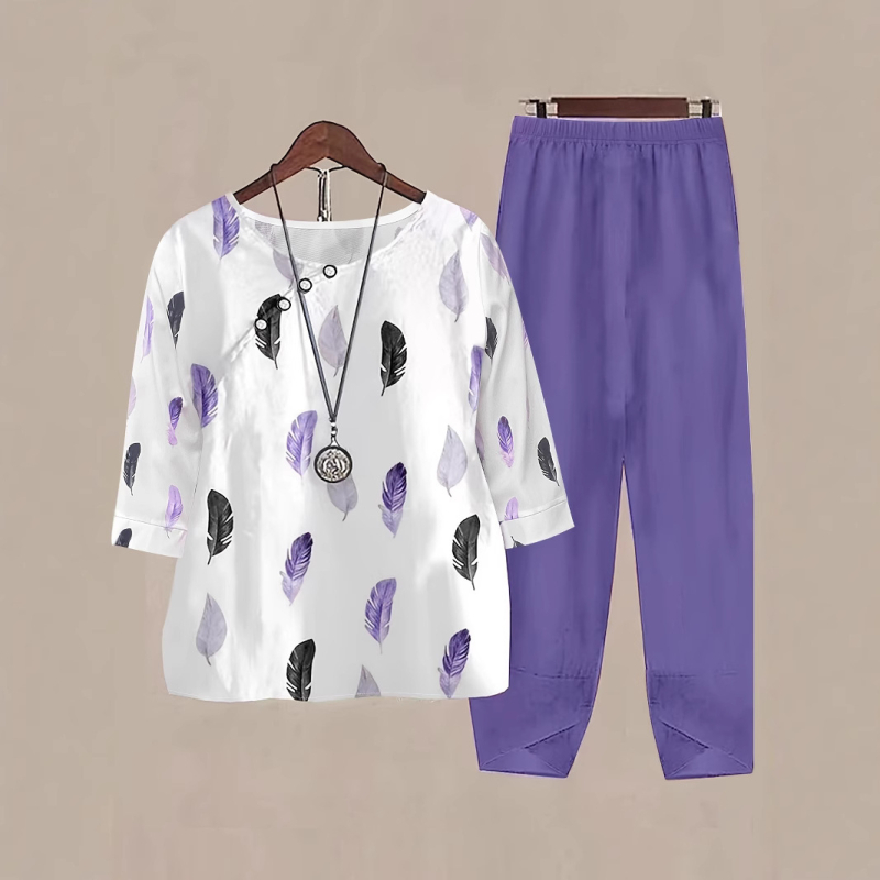 Femeii vara nou stil casual european și american lejer pantaloni cu mânecă scurtă cu guler rotund pene imprimate costum cu mânecă scurtă