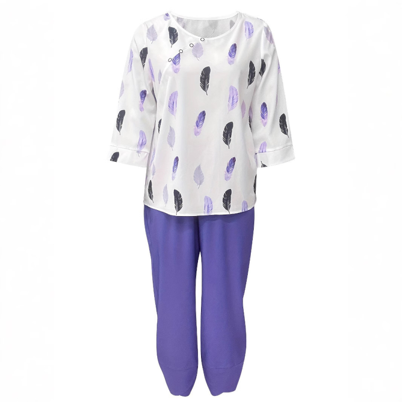 Femeii vara nou stil casual european și american lejer pantaloni cu mânecă scurtă cu guler rotund pene imprimate costum cu mânecă scurtă