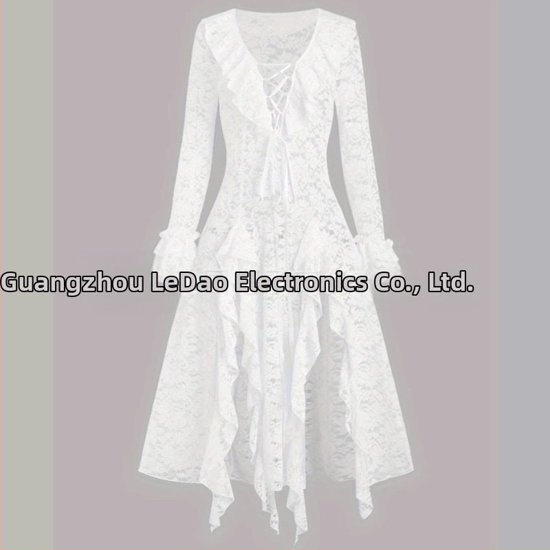 Rochie lungă, linie A, cu volane, din linie, pentru femei europene și americane, de culoare solidă, cu dantelă și volane transparente