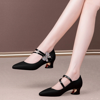 Γνήσια δερμάτινα ψηλοτάκουνα παπούτσια με ρηχό στόμιο και μεσαίο τακούνι, γυναικεία ψηλοτάκουνα παπούτσια με ψηλό τακούνι, χοντρά, άνοιξη και φθινόπωρο 2025, νέα μοντέρνα παπούτσια με πεταλούδα και στρας, σε όλα τα χρώματα.