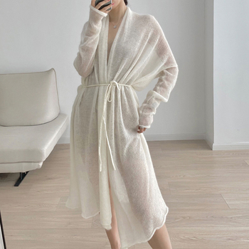 Cardigan de toamnă cu șiret, stil leneș, cu protecție solară, pentru femei, cu textură de nor, mohair, vrac, lung, tricotat, cu șiret