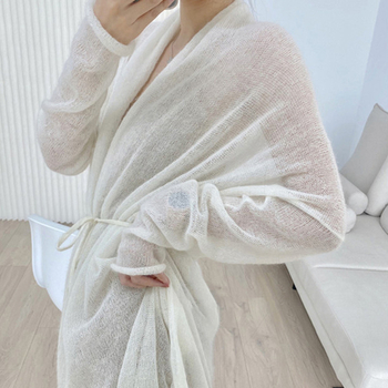 Cardigan de toamnă cu șiret, stil leneș, cu protecție solară, pentru femei, cu textură de nor, mohair, vrac, lung, tricotat, cu șiret