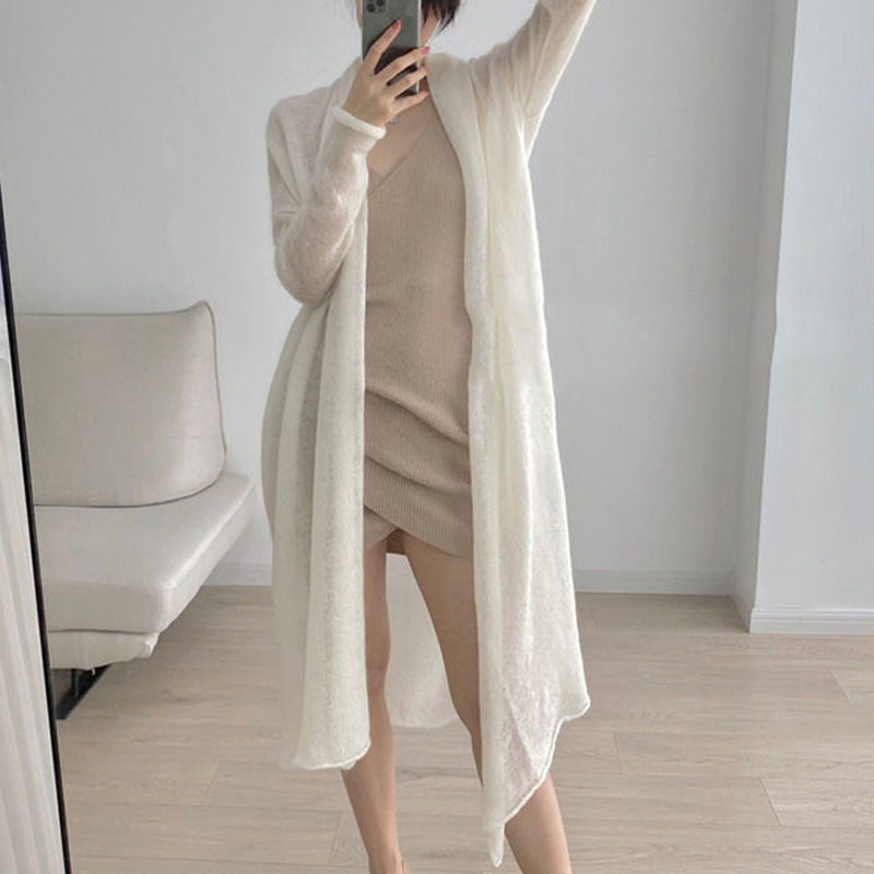 Cardigan de toamnă cu șiret, stil leneș, cu protecție solară, pentru femei, cu textură de nor, mohair, vrac, lung, tricotat, cu șiret