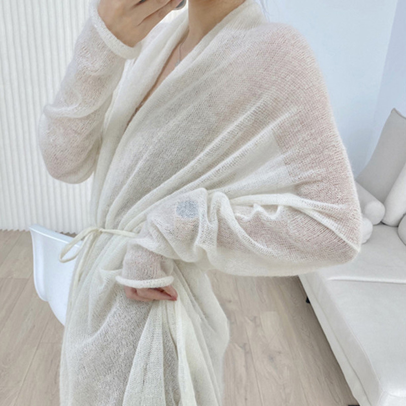 Cardigan de toamnă cu șiret, stil leneș, cu protecție solară, pentru femei, cu textură de nor, mohair, vrac, lung, tricotat, cu șiret