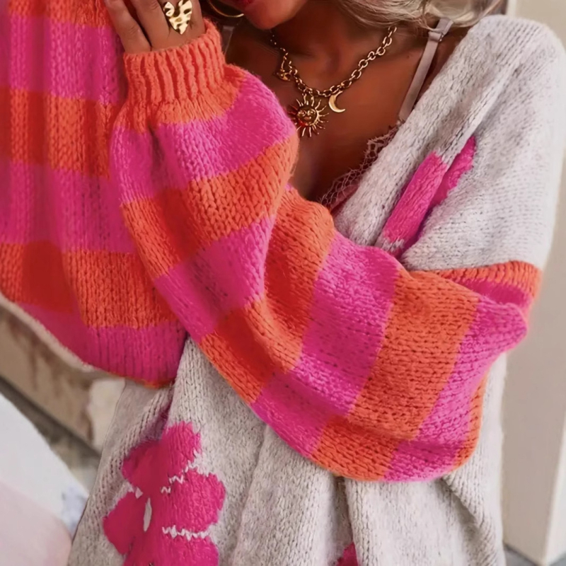 Amazoni piiriülene e-kaubanduse lilleline kampsun, Euroopast ja Ameerika Ühendriikidest pärit laisa pluss-suuruses daamide lahtise kootud mantliga kampsun.