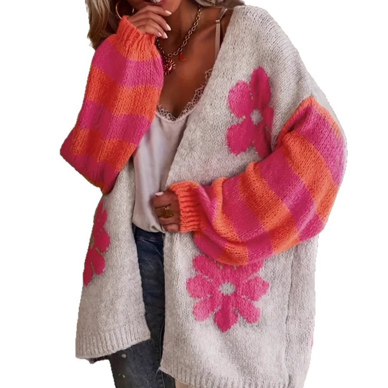 Amazoni piiriülene e-kaubanduse lilleline kampsun, Euroopast ja Ameerika Ühendriikidest pärit laisa pluss-suuruses daamide lahtise kootud mantliga kampsun.