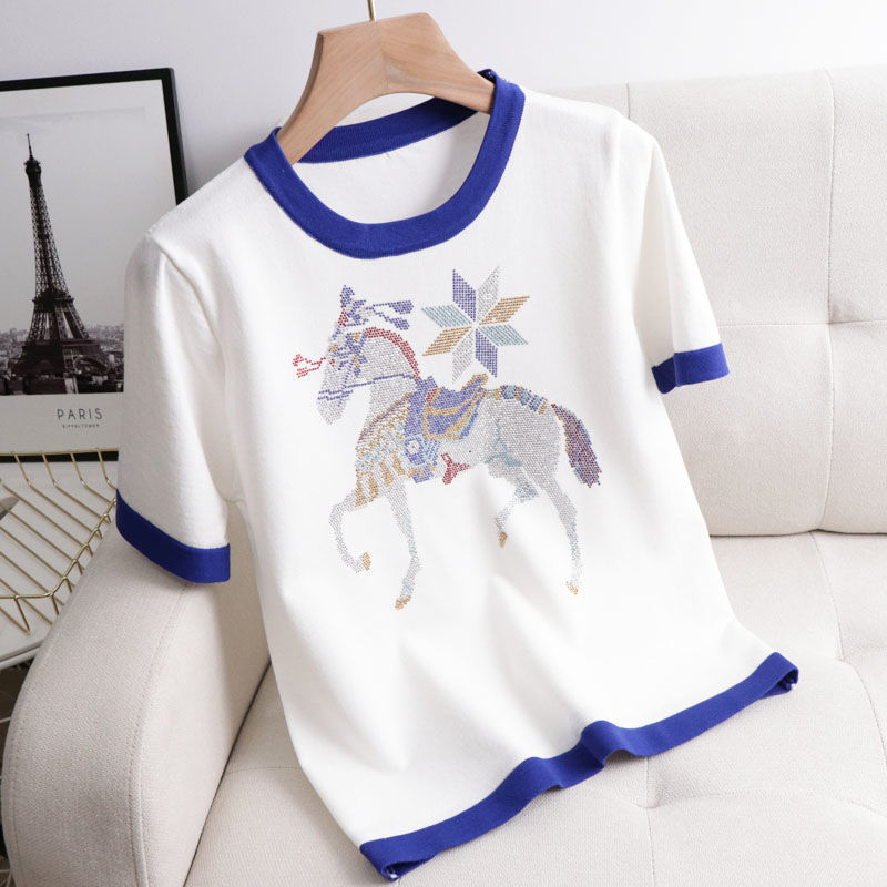 Πηγή Γυναικείων Ρούχων Εργοστάσιο Χονδρικής Κινούμενα Σχέδια Hot Diamond Pony T-shirt Πλεκτό Στρογγυλό Λαιμόκοψη Κοντό Μανίκι Χαριτωμένο Casual Loose Top