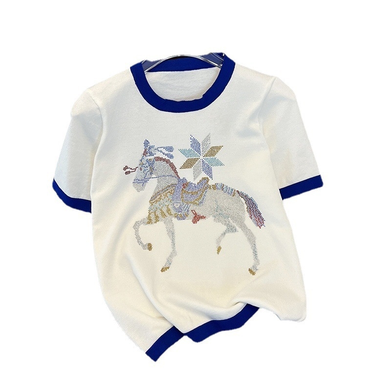 Πηγή Γυναικείων Ρούχων Εργοστάσιο Χονδρικής Κινούμενα Σχέδια Hot Diamond Pony T-shirt Πλεκτό Στρογγυλό Λαιμόκοψη Κοντό Μανίκι Χαριτωμένο Casual Loose Top