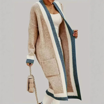 Rudens ir žiemos naujas tarptautinis Europos ir Amerikos „Amazon“ mados kontrastingų spalvų ilgas paltas, plius dydžio moteriškas megztinis ilgomis rankovėmis, megztinis su kardiganu