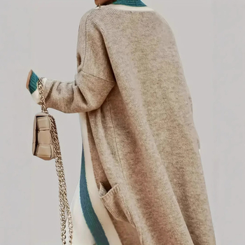 Rudens ir žiemos naujas tarptautinis Europos ir Amerikos „Amazon“ mados kontrastingų spalvų ilgas paltas, plius dydžio moteriškas megztinis ilgomis rankovėmis, megztinis su kardiganu