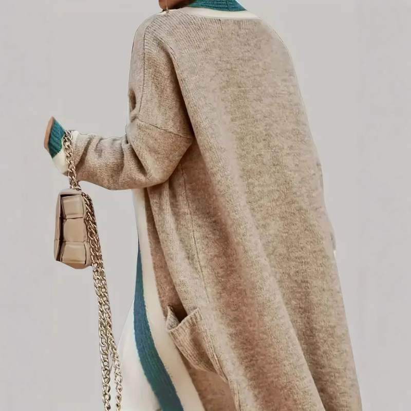 Rudens ir žiemos naujas tarptautinis Europos ir Amerikos „Amazon“ mados kontrastingų spalvų ilgas paltas, plius dydžio moteriškas megztinis ilgomis rankovėmis, megztinis su kardiganu