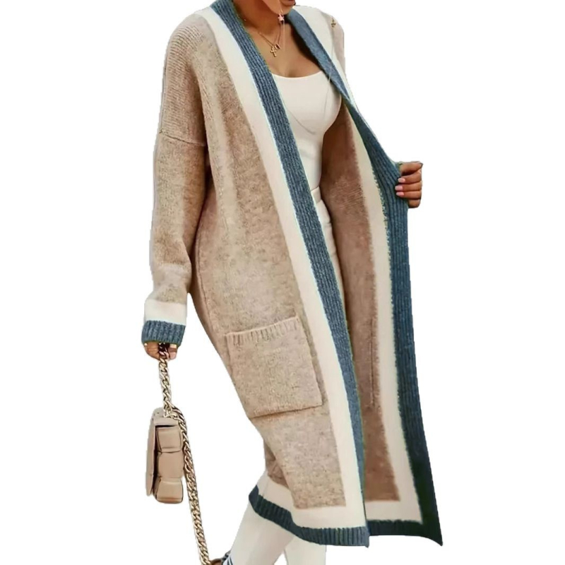 Rudens ir žiemos naujas tarptautinis Europos ir Amerikos „Amazon“ mados kontrastingų spalvų ilgas paltas, plius dydžio moteriškas megztinis ilgomis rankovėmis, megztinis su kardiganu