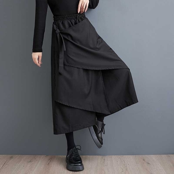 Real shot 2023 jeseň nové všestranné ležérne čierne nohavice módne s vysokým pásom skrátené šnurovacie nohavicové sukne