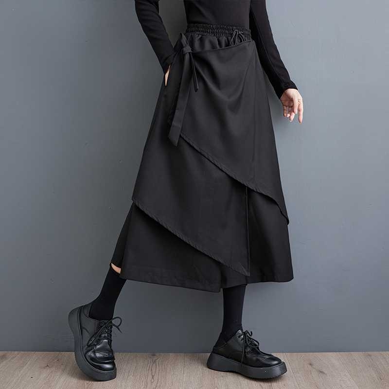 Real shot 2023 jeseň nové všestranné ležérne čierne nohavice módne s vysokým pásom skrátené šnurovacie nohavicové sukne