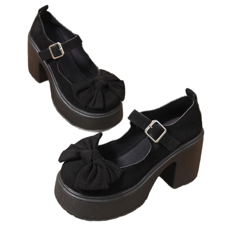 Pantofi cu toc gros și talpă groasă pentru femei, Mary Jane, de primăvară 2025, stil coreean, cu toc înalt și fundă, cu un singur strat și cataramă pentru femei