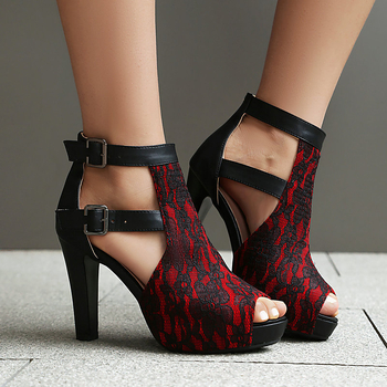 Sandale de vară cu gură de pește, sandale cu dantelă goală pentru femei, toc gros, toc super înalt, cu cataramă și curea, sandale pentru femei