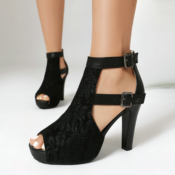 Σανδάλια με fish-stooth, Καλοκαιρινά, Νέα, Γυναικεία Σανδάλια με Χοντρό Τακούνι, Πολύ Ψηλό Τακούνι, Γυναικεία Σανδάλια με Αγκράφα