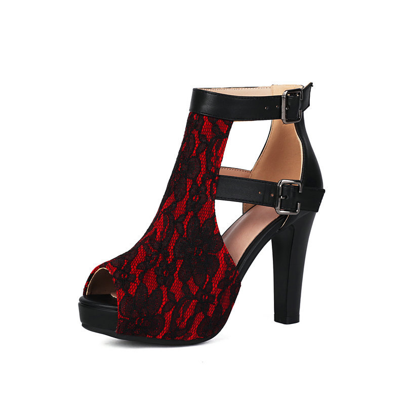 Sandale de vară cu gură de pește, sandale cu dantelă goală pentru femei, toc gros, toc super înalt, cu cataramă și curea, sandale pentru femei