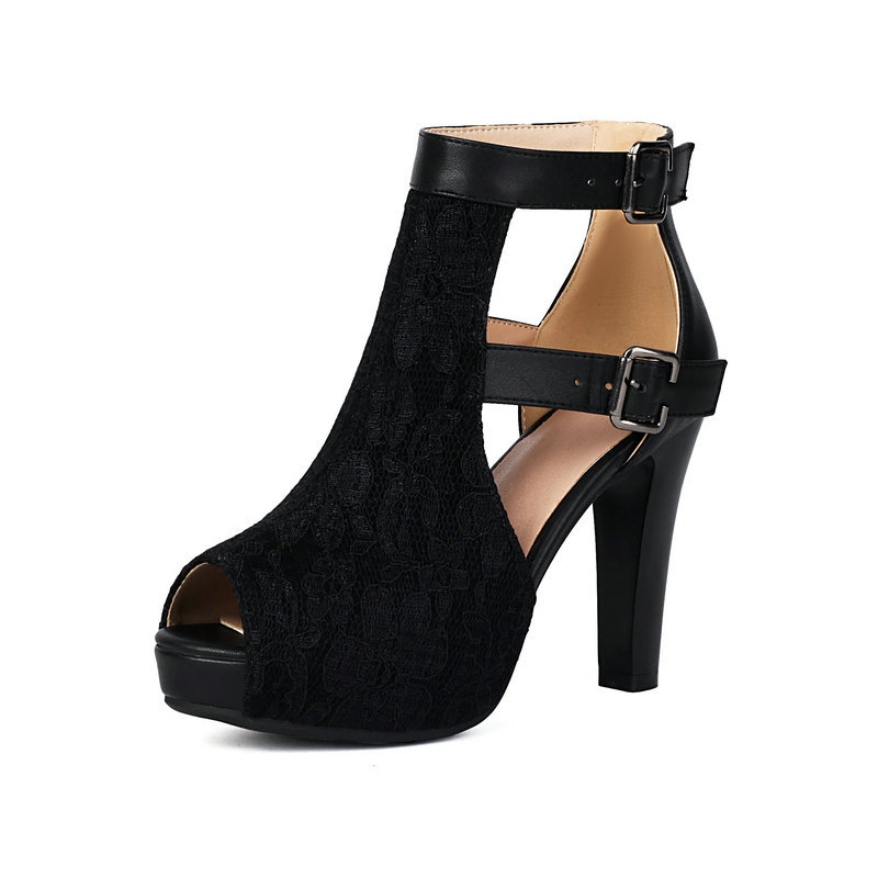Sandale de vară cu gură de pește, sandale cu dantelă goală pentru femei, toc gros, toc super înalt, cu cataramă și curea, sandale pentru femei