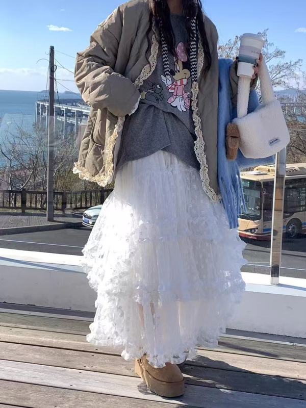 Fustă lungă din dantelă albă 2025, vară nouă, linie A, din tifon, fustă dulce, prințesă, bufantă, tort