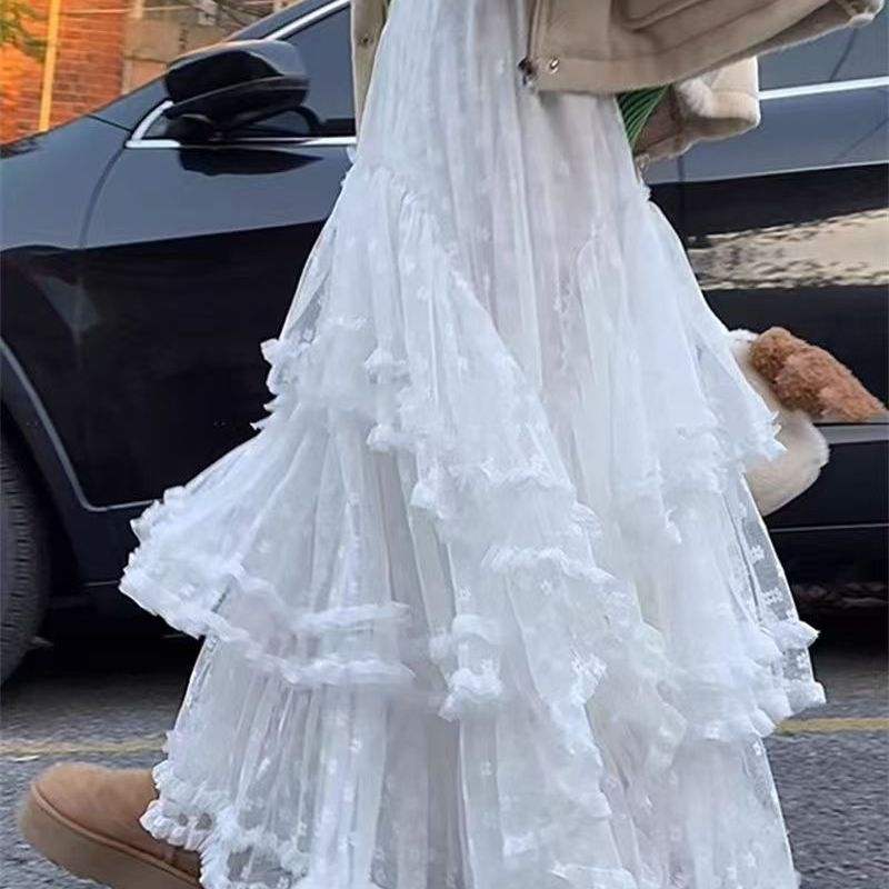 Fustă lungă din dantelă albă 2025, vară nouă, linie A, din tifon, fustă dulce, prințesă, bufantă, tort