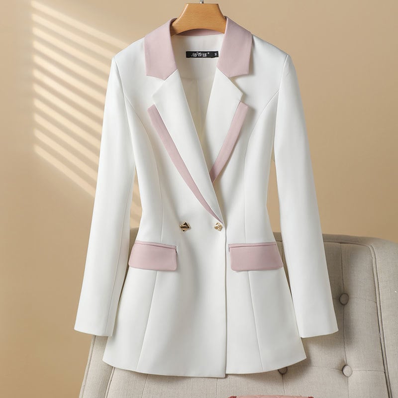 Costum de damă de primăvară și toamnă, costum New Age, costum de lungime medie, alb, slim fit, cu două rânduri de nasturi, personalizat, costum mic