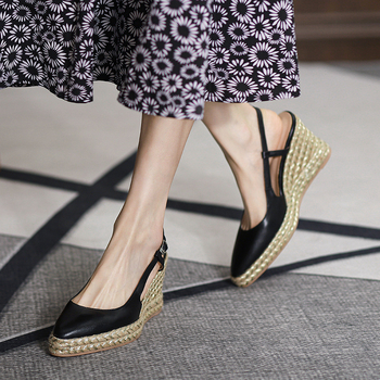 Καλοκαιρινά, Νέα Στυλ Γνήσιο Δερμάτινο Baotou One-word Strap Wedge Sandals για Γυναικεία Ρετρό Χοντρή Σόλα Αδιάβροχη Πλατφόρμα Ψηλοτάκουνα με Ψάθα