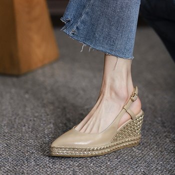 Καλοκαιρινά, Νέα Στυλ Γνήσιο Δερμάτινο Baotou One-word Strap Wedge Sandals για Γυναικεία Ρετρό Χοντρή Σόλα Αδιάβροχη Πλατφόρμα Ψηλοτάκουνα με Ψάθα