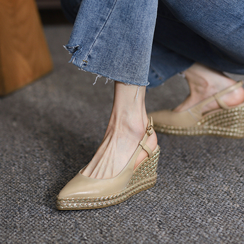 Καλοκαιρινά, Νέα Στυλ Γνήσιο Δερμάτινο Baotou One-word Strap Wedge Sandals για Γυναικεία Ρετρό Χοντρή Σόλα Αδιάβροχη Πλατφόρμα Ψηλοτάκουνα με Ψάθα