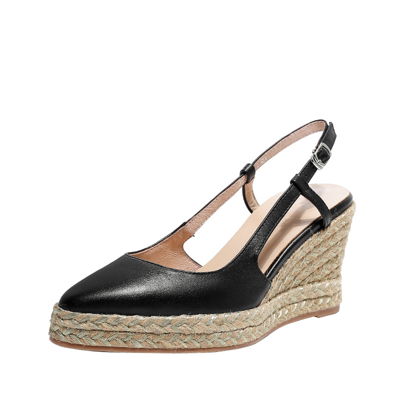 Letné nové štýlové sandále z pravej kože Baotou s jedným slovom a remienkom na kline pre ženy, retro, hrubá podrážka, nepremokavá platforma, slamené vysoké podpätky