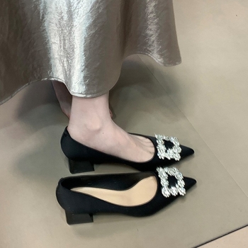 Γυναικεία ψηλοτάκουνα παπούτσια με τετράγωνο τακούνι και στρας, υψηλής ποιότητας, μαύρα, με φαρδιά τακούνι, νέα παπούτσια άνοιξη-φθινόπωρο και χειμώνα του 2025, με μαλακή σόλα και δεν κουράζουν τα πόδια.