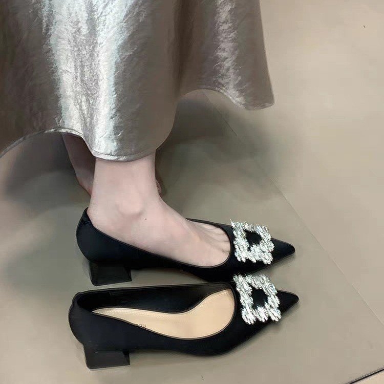 Dámske topánky na hrubom podpätku s hranatou hlavou a kamienkami, vysoko kvalitné čierne, nové, jarné, jesenné a zimné, 2025, na vysokom podpätku, mäkká podrážka, neunavujú nohy