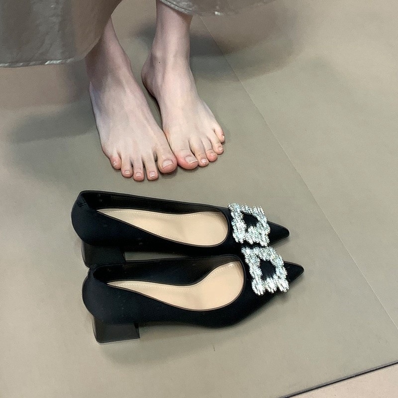 Dámske topánky na hrubom podpätku s hranatou hlavou a kamienkami, vysoko kvalitné čierne, nové, jarné, jesenné a zimné, 2025, na vysokom podpätku, mäkká podrážka, neunavujú nohy