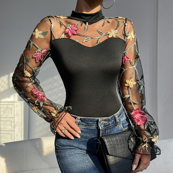 Brodate plasă mânecă bufantă perspectivă gol la modă mânecă lungă femeii transfrontaliere comerț exterior sexy Spice Girl slim-fit dintr-o bucată haine