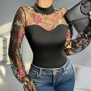 Brodate plasă mânecă bufantă perspectivă gol la modă mânecă lungă femeii transfrontaliere comerț exterior sexy Spice Girl slim-fit dintr-o bucată haine