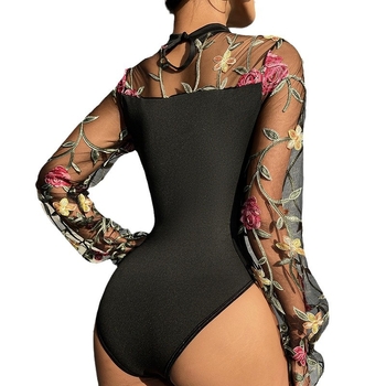 Brodate plasă mânecă bufantă perspectivă gol la modă mânecă lungă femeii transfrontaliere comerț exterior sexy Spice Girl slim-fit dintr-o bucată haine